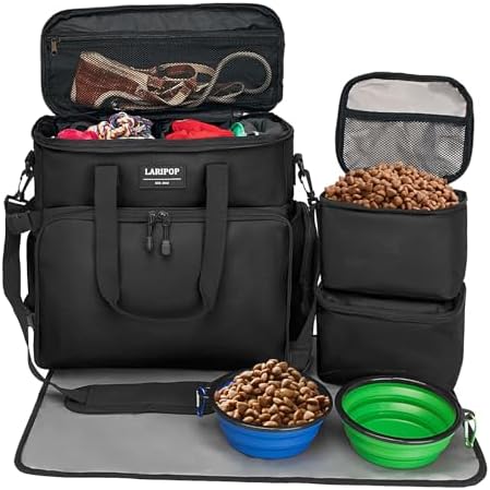 LARIPOP Dog Travel Bag Airline Friendly for Small Medium Large Dogs, Pet Travel Organizer with Collapsible Bowls Food Containers Mat, Waterproof Portable Tote for Dog Outdoor Travel