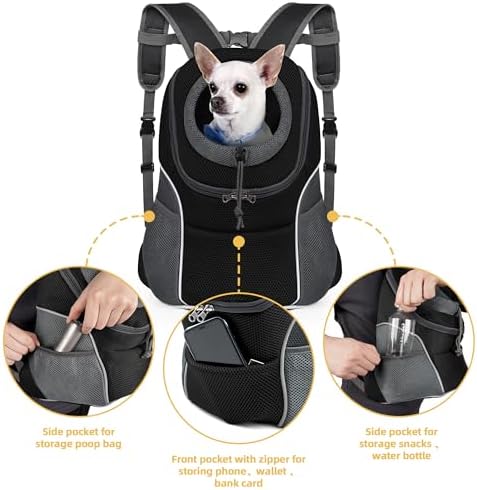 WOYYHO Pet Dog Carrier Backpack Small Dog Front Backpack Ventilated Dog Carrier Back Pack with Storage Pockets, Adjustable Straps & Safety Belt for Travel Hiking Outdoor (Size S: 2-4.5 lbs, Black)