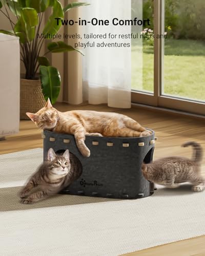 DownyPaws Cat House for Indoor Cats, Cube Castle Cat Bed Cave, Sesame Gray