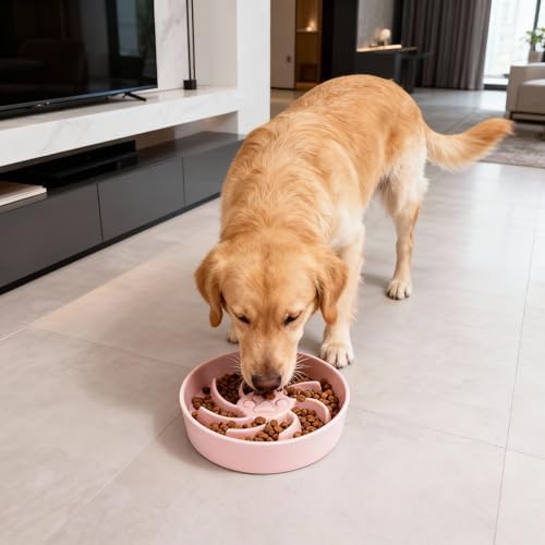Ceramic Slow Feeder Dog Bowl, 3 Cup Dog Food or 25oz Water, Slow Eating Bowl for Middle Breed, Maze Puzzle Feeder for Fast Eaters, Anti-Choking Stop Bloat, Non-Slip BPA Free (Pink)