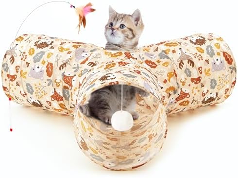 Tempcore Cat Tunnel, 3-Way Collapsible Toy for Indoor Cats, Beige Deer