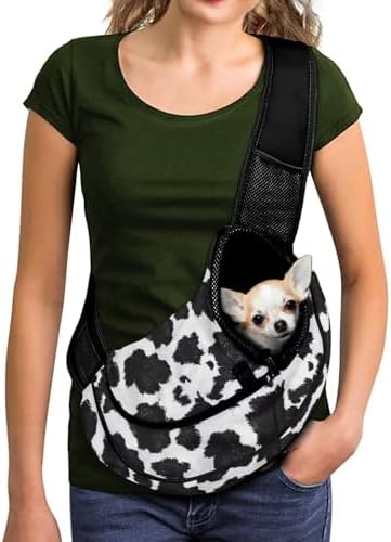 White Cow Print Cat Sling Carrier Adjustable Strap Pet Carrier Sling for Small Dogs Cats Hands Free Pet Puppy Outdoor Travel Shoulder Bag Breathable Sling Travel Tote Bag up to 5lb Puppy