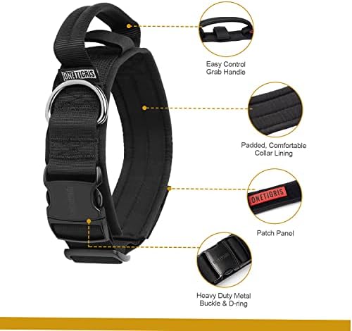 OneTigris Heavy Duty Dog Collar for Large Dogs with Traffic Handle Black L
