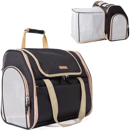 Expandable Cat Carrier Backpack, Foldable Pet Backpack for Small Dog Ferret Rabbit, Airline Approved Breathable Mesh Backpack with Sun Shade for Outdoor, Black, 16x9x13.5 Inch