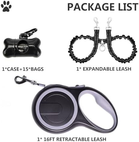 Dual Retractable Dog Leash for 2 Dogs (Grey) - 16ft Heavy Duty Leash with One Button Lock & 360° Tangle-Free Design, for Medium/Large Dogs up to 110lbs/50kg
