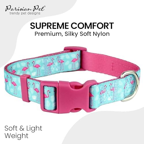 Parisian Pet Flamingo Dog Collar - Adjustable Light Blue and Pink Girl Pet Collar with Secure Buckle and Metal D-Ring - Comfortable Designer Puppy Collars - Durable Nylon Dog Collars for Small Dogs
