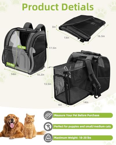 Expandable Cat Carrier Backpacks with Breathable Mesh, Pet Carrier Backpack for Cats Small Dogs Puppies Up to 20 Lbs, Dog Carrier Backpack Great for Travel/Hiking/Camping/Outdoor-Black