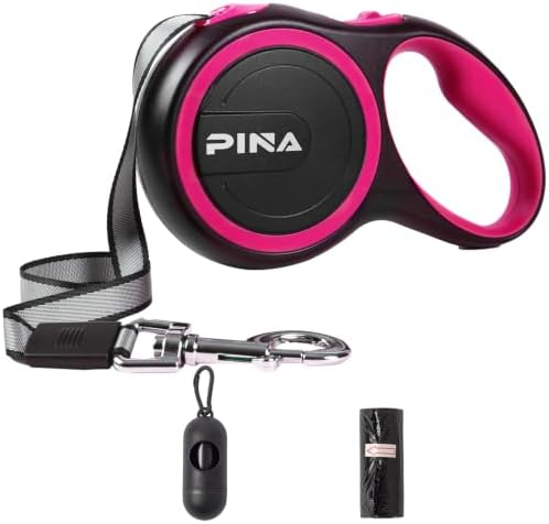 PINA Retractable Dog Leash, 26ft Dog Leash for Small Medium Large Dogs Up to 110lbs, 360° Tangle-Free Strong Reflective Nylon Tape, with Anti-Slip Handle, One-Handed Brake, Lock - Black Pink