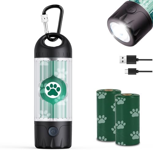 Tubasion 3-in-1 Dog Poop Bag Holder with Flashlight 7-Color, USB-C Rechargeable doggie bag holder for leash, IPX6 Waterproof Anti-Slip Clip Pet Waste Bag Dispenser for Walking (1 Dispenser, 30 Bags)