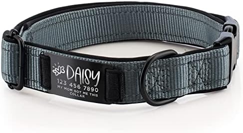 Improved - Personalized Dog Collars w/Engraved Metal ID Nameplate for Name & 3 Lines Text - Custom 20 Icons, 4 Adjustable Sizes, 10 Fonts, Dog Collar for Large Dogs, Dog ID Tag Personalized, Gray