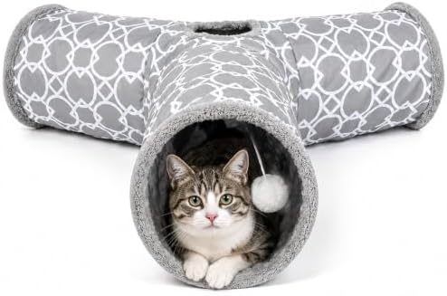 Geometric 3 Way Cat Tunnel with Plush Inside,Cats Toys Collapsible Tunnel Tube with Balls, for Rabbits, Kittens, Ferrets,Puppy and Dogs