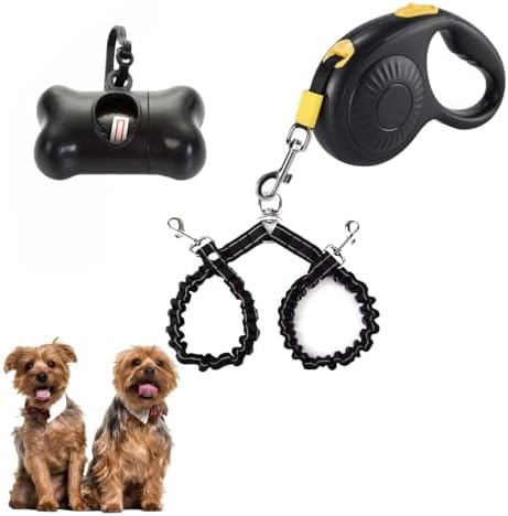 Double Dog Leash for Walking 2 Small Dogs (Up to 33 Lbs Each), Dual Retractable 9.8ft Extendable Strong Nylon Tape Pet Leash with Poop Bags, One-Handed Brake, Pause, Lock (Black)