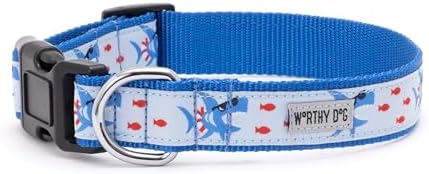 THE WORTHY DOG Summer Print, Adjustable Dog Collar,Medium Dogs, Sharkuterie