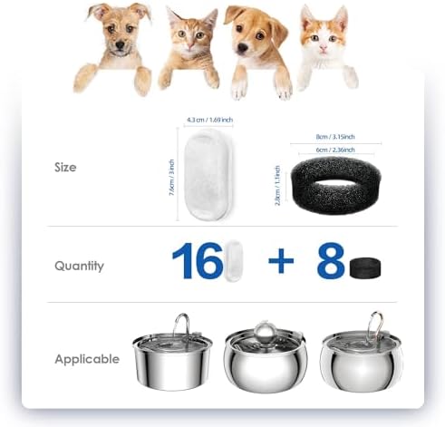 Official Tomxcute Cat Water Fountain Replacement Filters (16+8 Pack)