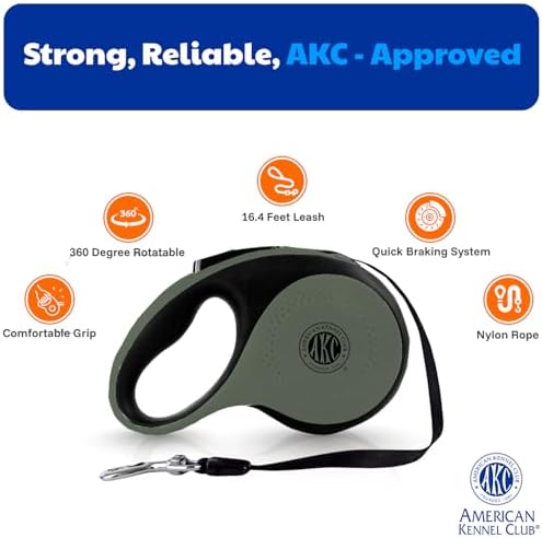 American Kennel Club Retractable Dog Leash, 16.4ft, Tangle-Free, Ergonomic Grip, One-Hand Brake, for Medium & Large Dogs up to 66 lbs, Green
