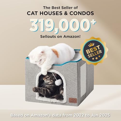 Bedsure Cat House Bed for Indoor Cats with Fluffy Ball and Scratch Pad,Grey