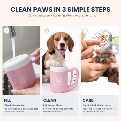 Dog Paw Cleaner, Paw Washer Cup with Soft Silicone Bristles, Portable Dog Foot Washer, 4-in-1 Paw Cleaner Kit with Paw Balm, Microfiber Towel & Grooming Brush (Pink Medium)