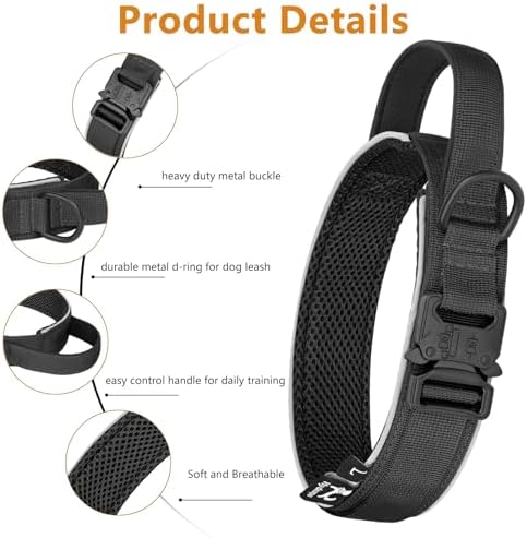 HYDEME Tactical Dog Collar, Alpine Loop Adjustable Military Training Nylon Dog Collars with Handle and Reflective for Small Medium Large Dogs, with Airtags Protective Case & Patches.(M,Black)