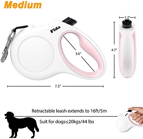 Fida Retractable Dog Leash with Dispenser and Poop Bags, 16ft, White & Pink