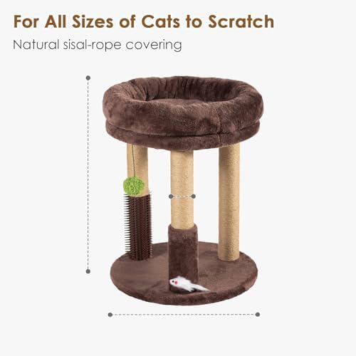 21” Tall Cat Scratching Post with Plush Cat Bed | Stable Cat Tree for Indoor Cats, Interactive Toy & Grooming Brush Included