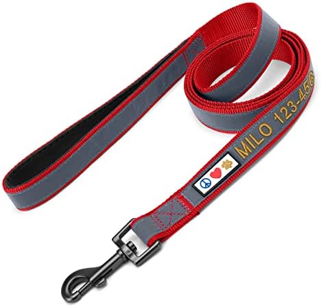 Pawtitas Personalized Red Dog Leash 6 ft Custom ID Lead for Dogs & Puppies Reflective Comfortable Padded Handle Embroidered Name & Phone Number