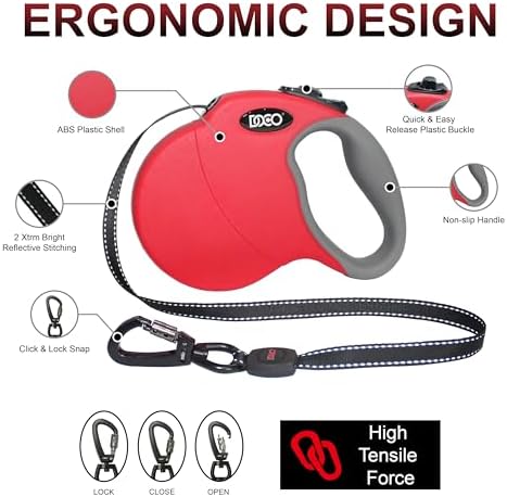 DOCO Retractable Dog Leash for Large Dogs Reflective Tape Lead with Stop and Lock Control, 360° Swivel Snap & Anti-Slip Grip Dog Leashes - Blue, Length - 16’, Weight - Up to 45lb, Medium