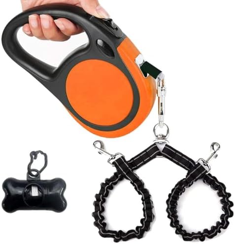 Dual Retractable Dog Leash for Small Breed (Up to 44 Lbs Each) - Double Headed 18.5 ft Extendable Pet Leash with Poop Bags, Non Slip Grip - One Button Break & Lock, 360 Tangle-Free (Orange, Medium)