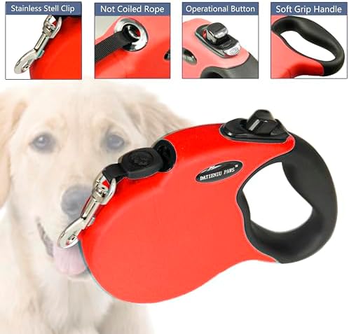 Retractable Dog Leash Hands-Free Adjustable Length 16ft with Safety Lock Durable Nylon Belt for Small Medium Large Dogs Easy Walk Training Portable Dog Leash Red L