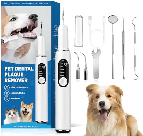 Dog Teeth Cleaning Kit Dog Plaque and Tartar Remover with LED Light 5 Adjustable Modes Electric Toothbrush Pet Teeth Cleaner for Dogs and Cats (White)