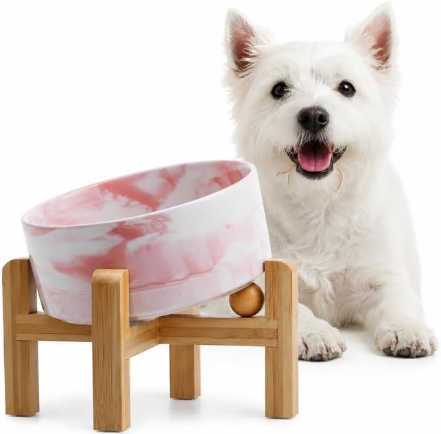 hjn Elevated Ceramic Dog Bowl 15°Slanted Raised Dog Bowl with Bamboo Stand for Small Medium Dogs and Cats, Pet Feeder -3.6-Cup (850ml)-Marble Pink
