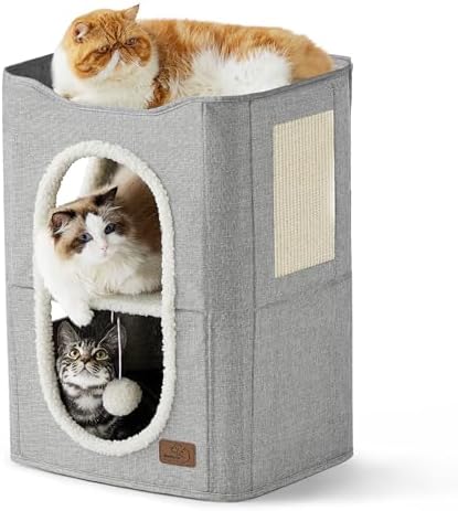 Bedsure 2 Story Cat House for Indoor Cats with Scratch Pad,18x14x23 Grey