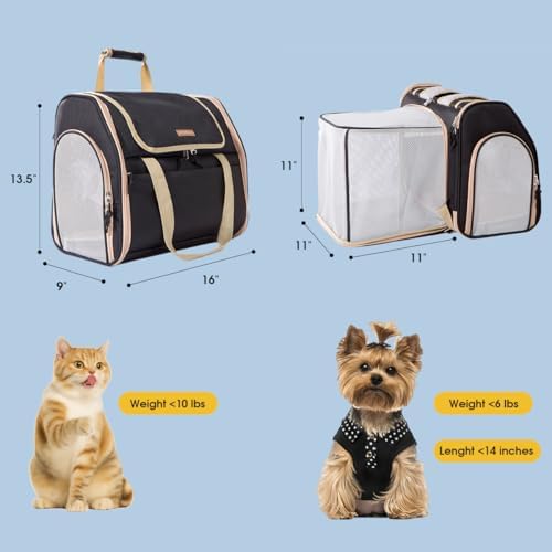Expandable Cat Carrier Backpack, Foldable Pet Backpack for Small Dog Ferret Rabbit, Airline Approved Breathable Mesh Backpack with Sun Shade for Outdoor, Black, 16x9x13.5 Inch