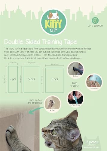 Kitty City Cat Scratch Furniture Protector Tape – 12 Large Clear Double-Sided Sticky Sheets – Cat Scratch Deterrent & Training Tape for Couch, Sofa, Chairs & Walls – Non-Toxic, Residue-Free