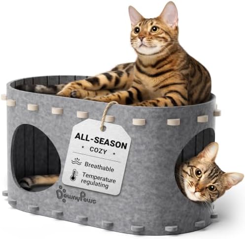 DownyPaws Cat House for Indoor Cats,Peekaboo Cat Bed Cave, Light Gray
