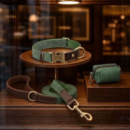 Personalized PU Leather Dog Collars,Quick Release Buckle,Green,M