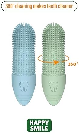Happy Smile Dog Toothbrush 360° – Soft Silicone Finger Toothbrush for Dogs & Cats, Gentle Teeth Cleaning, BPA-Free, 2-Pack (Blue & Green)