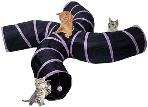 EGETOTA Cat Tunnel for Indoor Cats Large, with Play Ball S-Shape 4 Way Collapsible Interactive Peek Hole Pet Tube Toys, Puppy, Kitty, Kitten, Rabbit (S4 - Black & Pink)