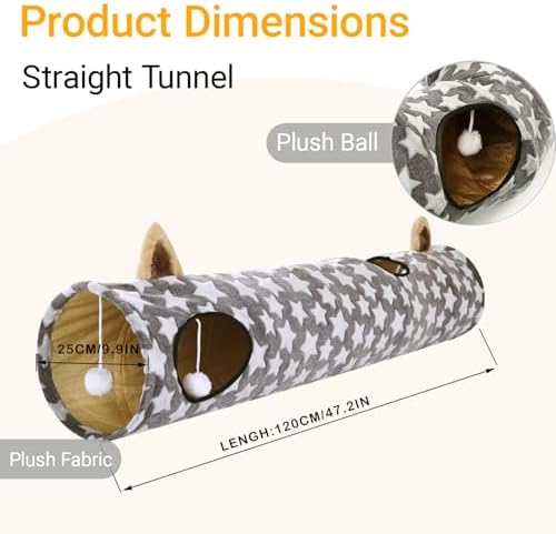 Cat Tunnel -Straight-Shaped, Gray Star Pattern, Soft Velvet Exterior, Oxford Fabric Fog-Proof Interior, Plush Toy Ball, Easily Washable, Conveniently Foldable, 47.2in/120cm