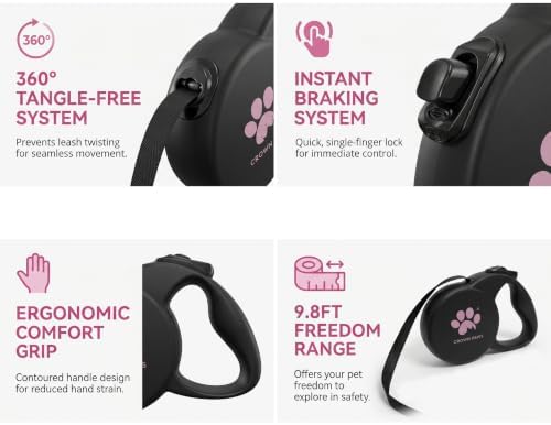 Retractable Dog Leash (Small), 10ft Heavy Duty Nylon Tape for Dogs up to 33 lbs, One-Hand Brake & Lock, Tangle-Free, Compact Lightweight Design, Black S GC-DAN