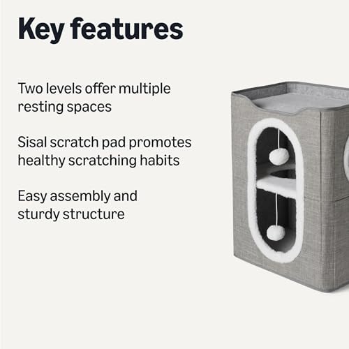 Amazon Basics 2-Cube Cat House with Sisal Scratch Pad and Dangle Toy, Grey