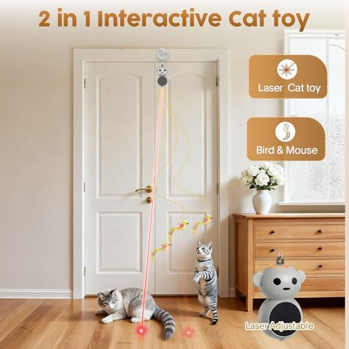 Interactive Cat Toys for Indoor Cats: 2-in-1 Laser Pointer Cat Toy with Automatic Flying Bird & Mouse Wand, Adjustable Speed USB Rechargeable Doorway Hanging Toy for Bored Kittens and Adult Cats