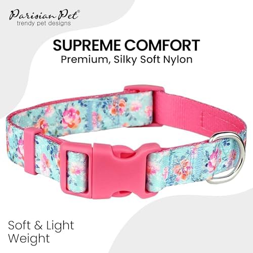 Parisian Pet Floral Dog Collar - Adjustable Spring Blossoms Girl Pet Collar with Secure Buckle and Metal D-Ring - Comfortable Designer Puppy Collars - Durable Nylon Dog Collars for Small Dogs