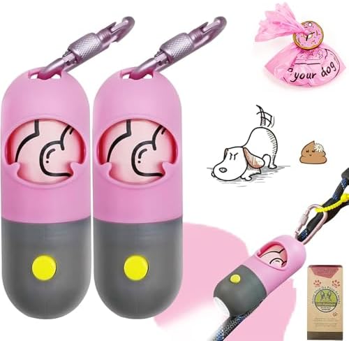 Dog Poop Waste Bags Holder with LED Flashlight, Pink, 2 Pack