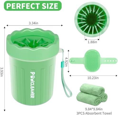 Professional 7 in 1 Dog Paw Cleaner for Dogs & Cats - Includes 1 Portable Paw Washer, 1 Bath Brush, 2 Dog Toothbrushes and 3 Absorbent Towels Note: Fits Paws up to 2 Inches Wide (Small, Light Green)