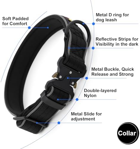Plutus Pet Tactical Dog Collar, Reflective, Adjustable Heavy Duty Dog Collar, Soft Padded and Comfortable, for Small Medium and Large Dogs (Black, XS)