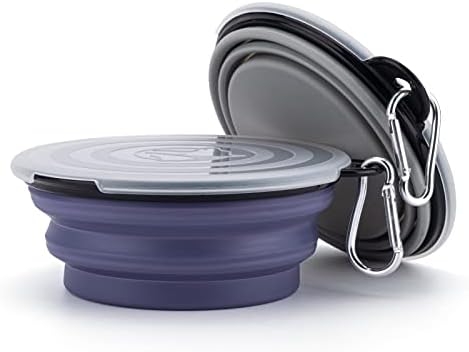 SLSON Dog Bowls Pet Collapsible Bowl with Cover Lids,2 Pack Dog Travel Bowls Portable Foldable Cat Water Dish Bowl for Pets Walking Parking Camping (Taro Purple and Concrete Gray, Small)