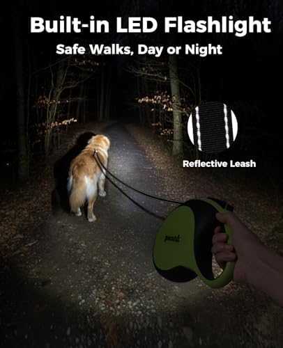 Retractable Dog Leash with Flashlight, 26ft Heavy Duty Retractable Pet Leash with Light, One-Button Control, Anti-Twist Protection, Reflective Leashes for Medium Large Pets Dogs Up to 110 lbs
