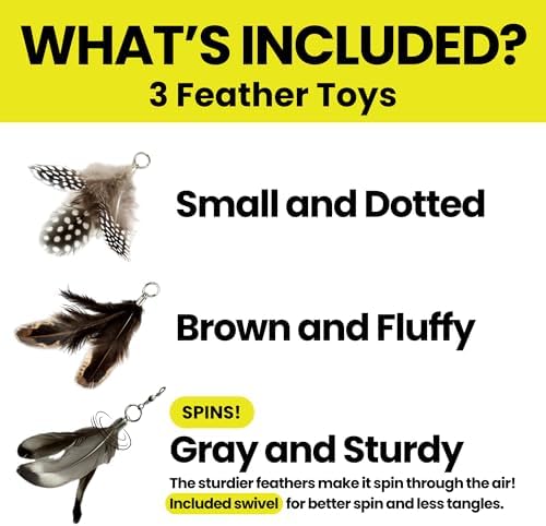 Cat Feather Toy Refill 3-Pack, Natural Feather Cat Toys for Kittens & Bored Indoor Cats, Small Cat Wand Attachments, Feather Replacement for Forever Stick Cat Wand, Cat Wand Refill