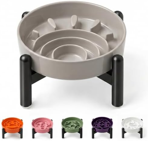 Elevated Slow Feeder Dog Bowl, 0.8 Cups Ceramic Raised Slow Feeder with Stainless Stand, 6.3 Inch Wide Lifted Dog Bowl for Small Breeds to Control Eating Speed, Grey