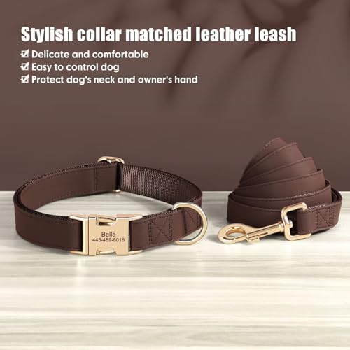 PET ARTIST Personalized Dog Collars, Custom Engraved Dog Collar with Silent Name Tag, Gold Quick Released Buckle & Soft Nylon Padded, Elegant Colors & Matching Leash for Large Dogs,Brown,L Fit 16-27"